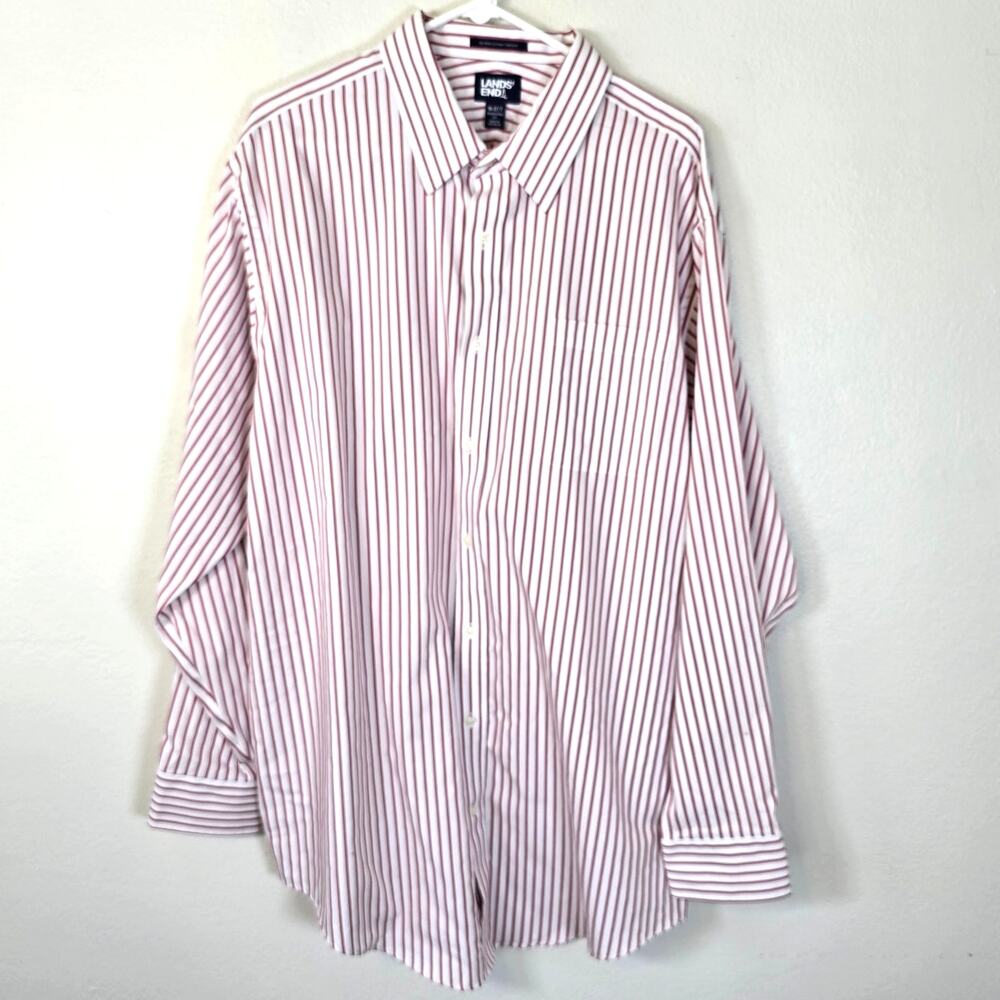 Lands End Traditional Fit Shirt Men's 18-37T Red Stripe No Iron Supima Pinpoint